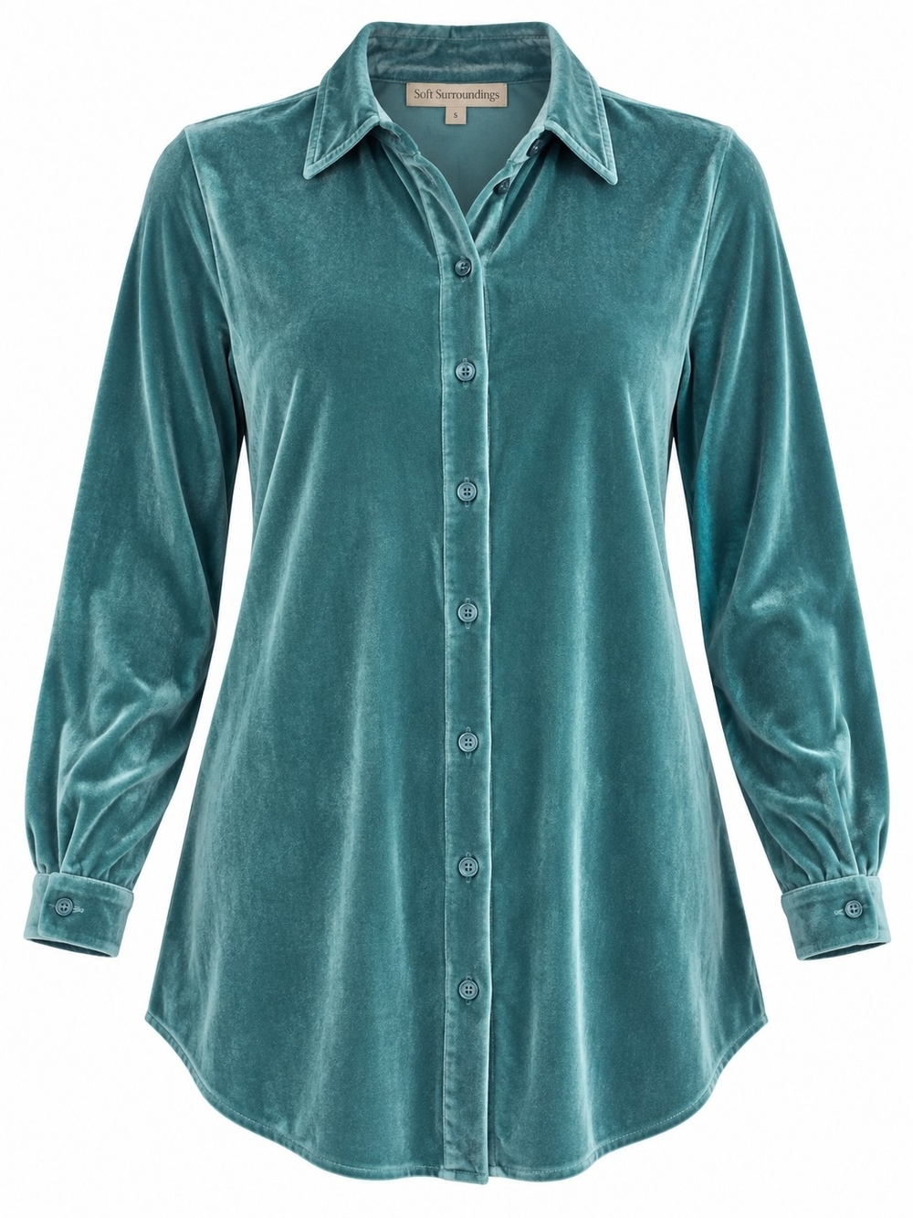 SOFT SURROUNDINGS | Teal Blue Green Velvet Boyfriend Button Down Tunic Shirt | S